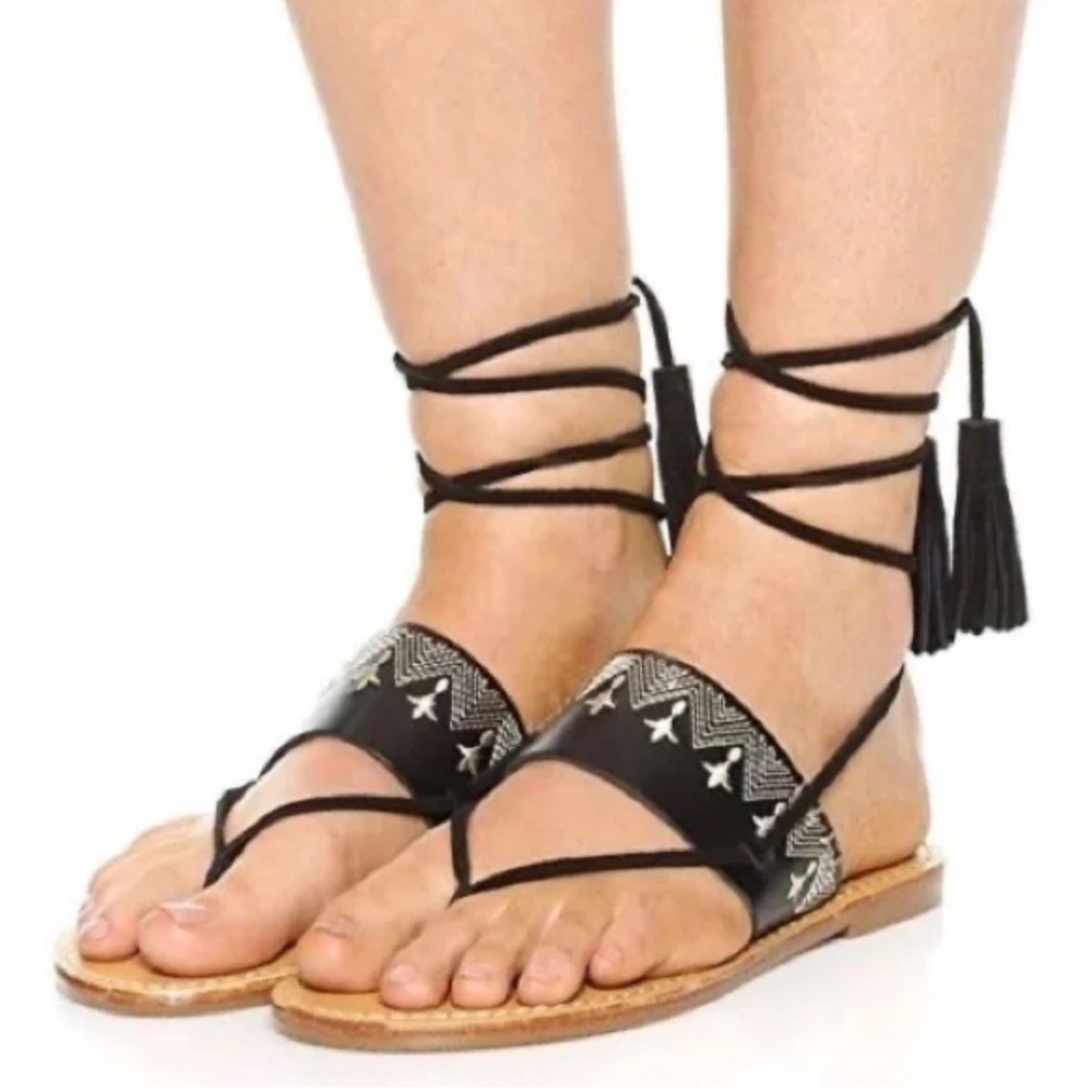 SOLUDOS, Embroidered Leather Lace-Up Black Sandals, Size 8, New without Box